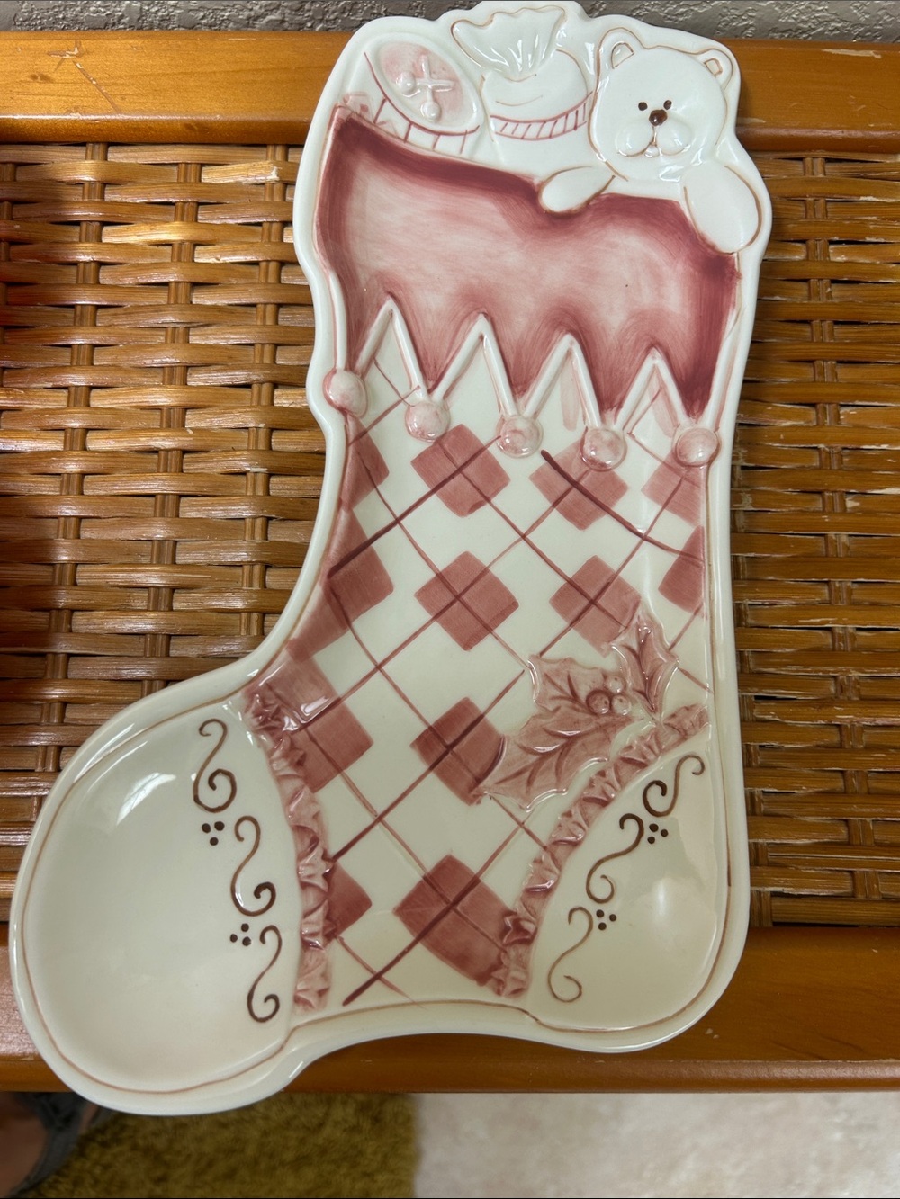 Noble Excellence Ceramic Christmas Stocking Dish with Teddy - Pink Rose
